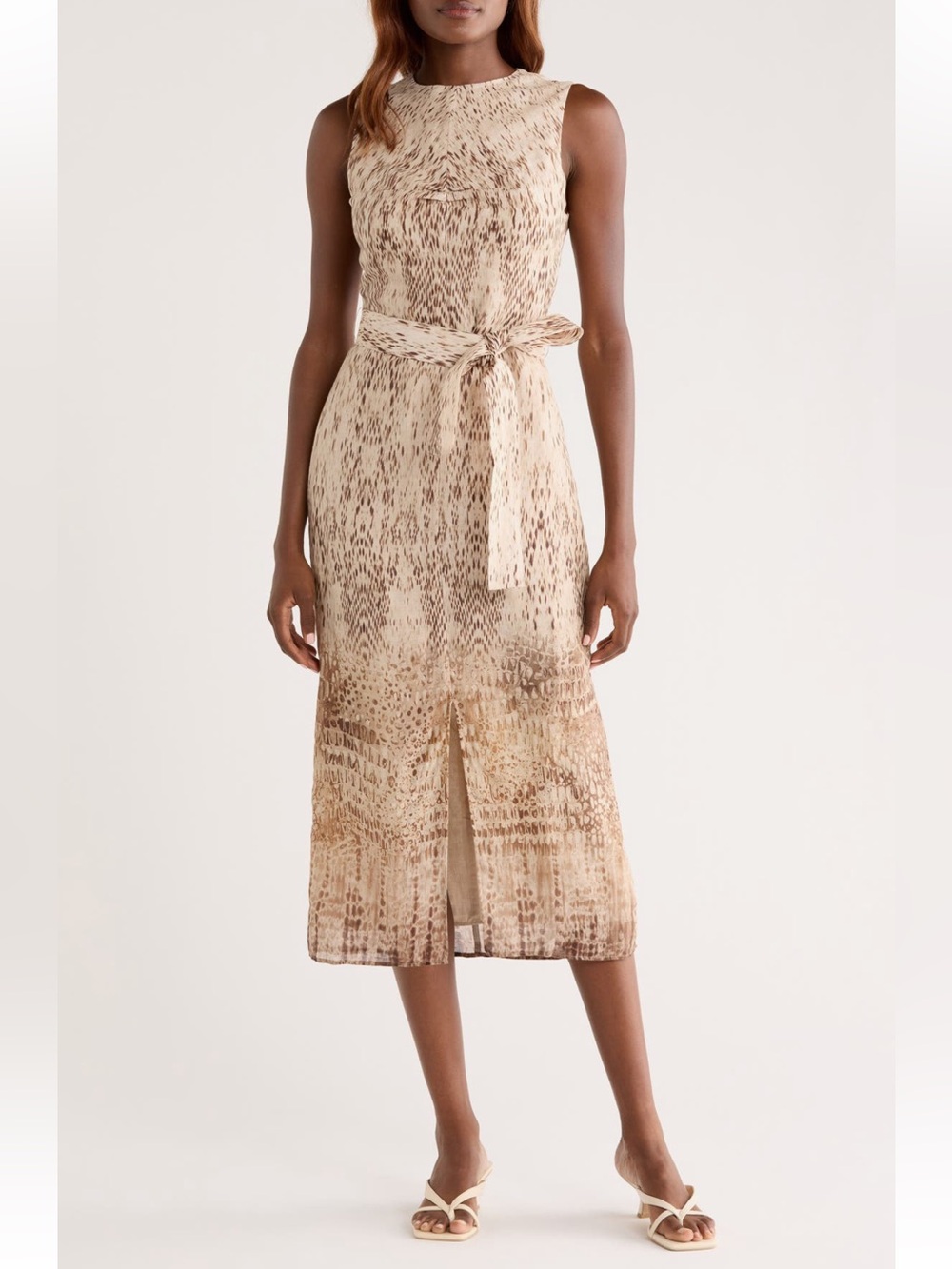 Reiss Neutral Printed Tie-Waist Midi Dress in Beige and Cream